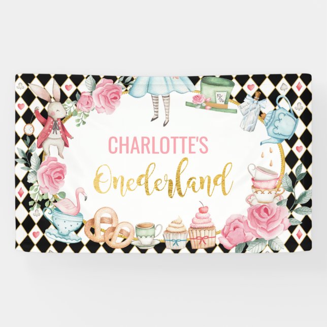 Alice in Onederland Birthday Black Pink Backdrop Banner (Horizontal)