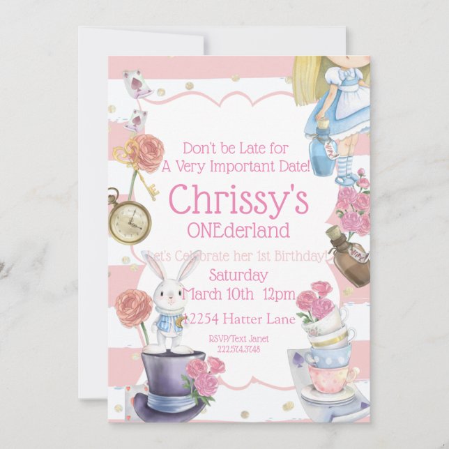 Alice in ONEderland Birthday Invitation (Front)