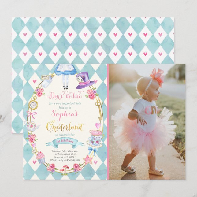 Alice In ONEderland Birthday Invitation Tea Party (Front/Back)