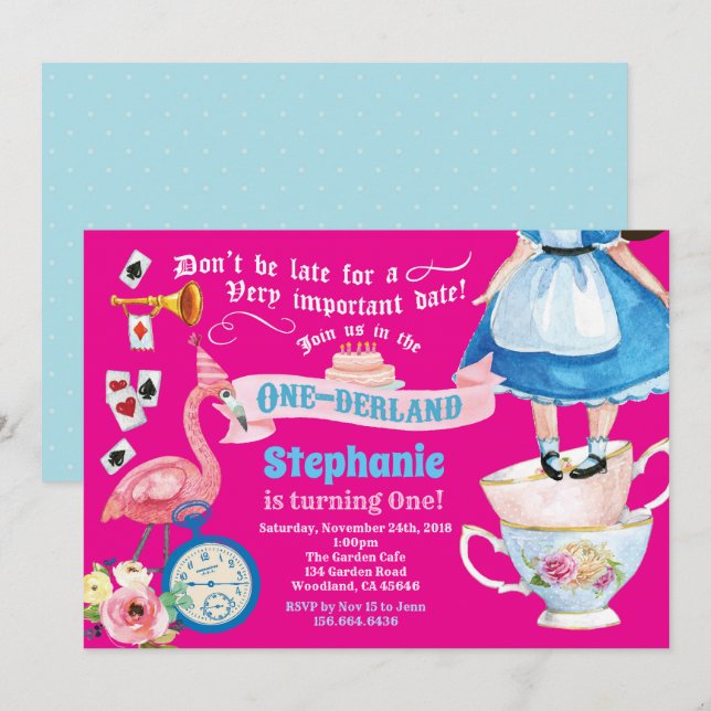 Alice in ONEderland birthday tea party hot pink Invitation (Front/Back)