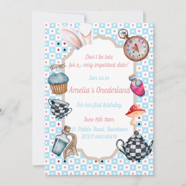 Alice in Onederland First Birthday Invitation (Front)