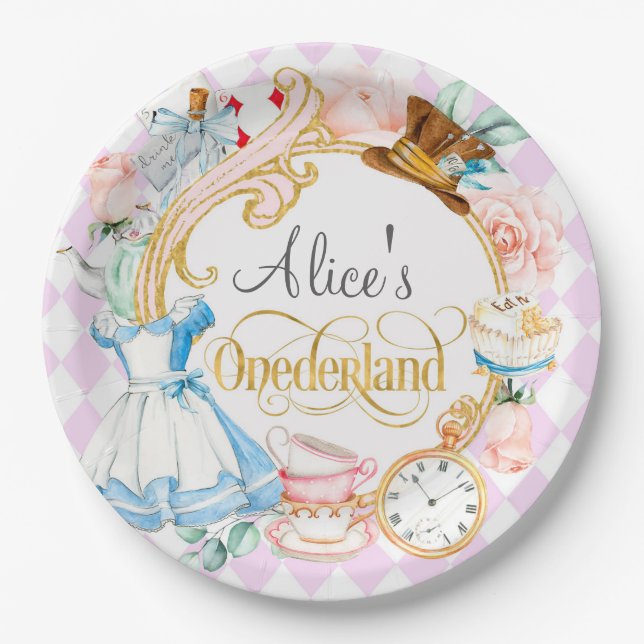 Alice in Onederland mad hatter tea party birthday  Paper Plate (Front)
