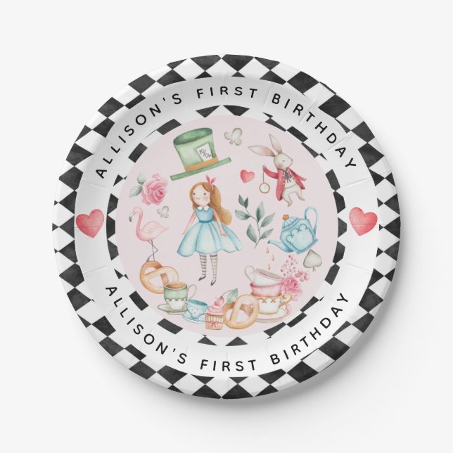 Alice in Onederland Tea Party Girl First Birthday Paper Plate (Front)