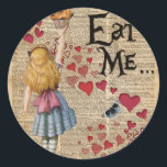 Alice in the Wonderland Eat Me Muffin Classic Round Sticker<br><div class="desc">Alice in the Wonderland Eat Me Muffin vintage illustration over a 100 - years old English Dictionary book page. This Design will incredible decorate any item you want.</div>