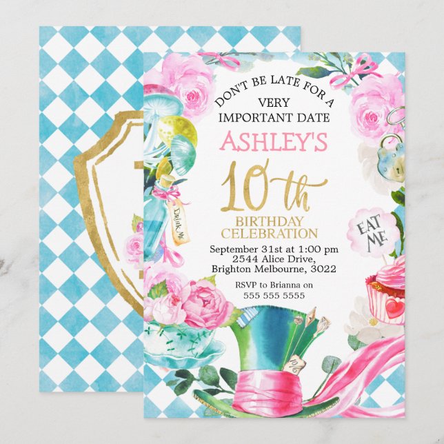 Alice In Wonderland 10th Birthday Invitation (Front/Back)