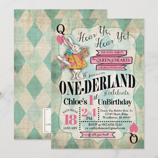 Alice in Wonderland 1st Birthday Invitations (Front/Back)