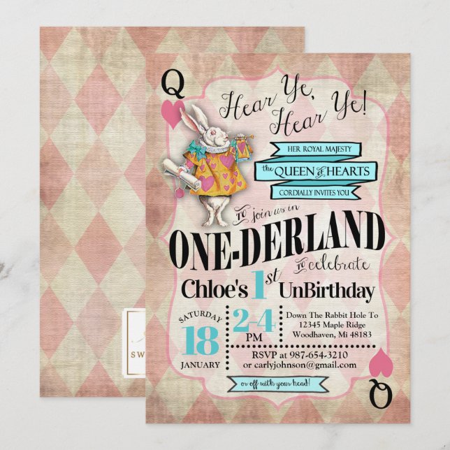 Alice in Wonderland 1st Birthday Invitations (Front/Back)