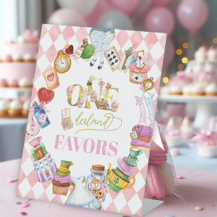 Alice in Wonderland 1st birthday Pink Favors Pedestal Sign