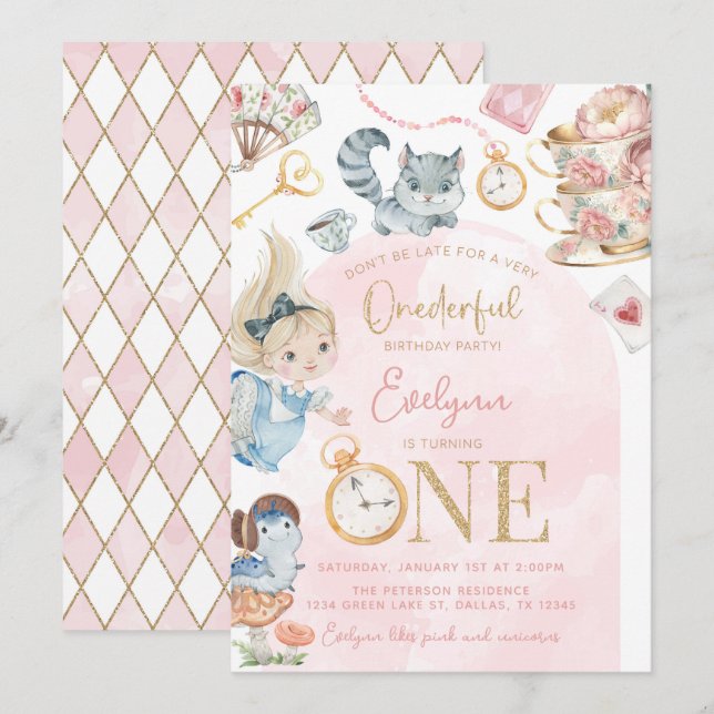 Alice In Wonderland 1st Birthday Tea Party Invitation (Front/Back)