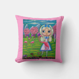 Alice in Wonderland and the Flamingos Throw Pillow
