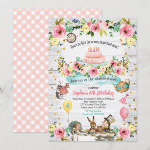 Alice in Wonderland baby birthday invitation gold
