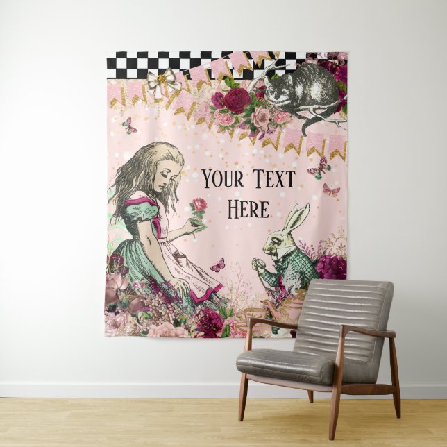 Alice in Wonderland Baby Shower Backdrop Banner Tapestry (In Situ)