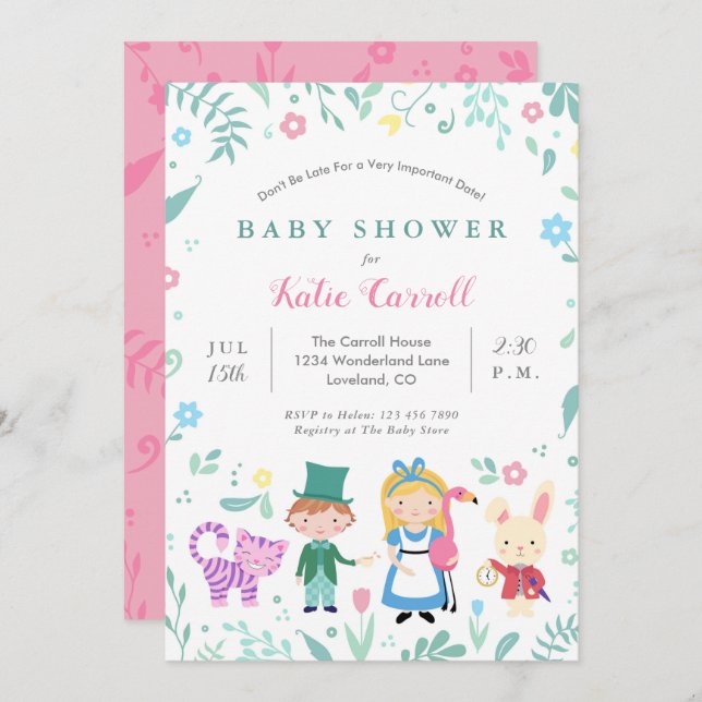 Alice in Wonderland Baby Shower Invitations | Pink (Front/Back)