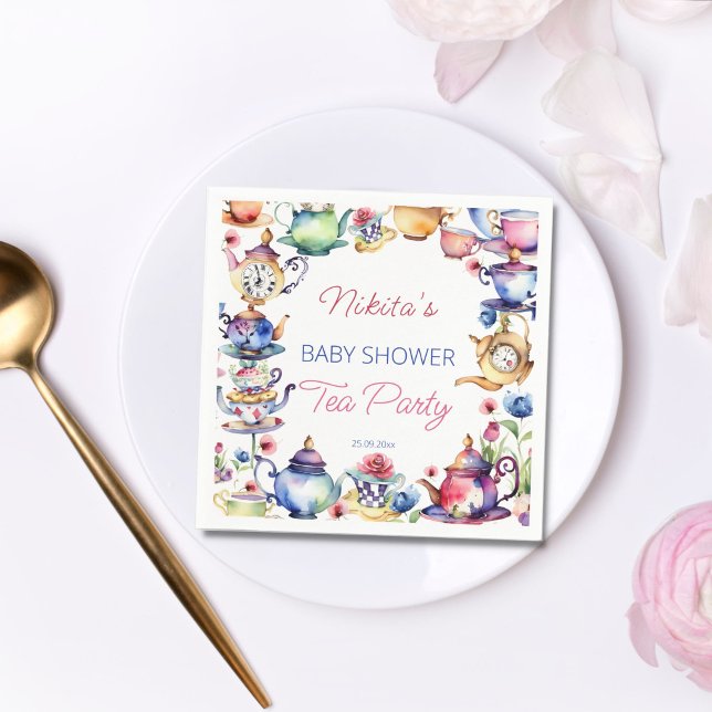 Alice in wonderland baby shower tea party tablewar napkin (Alice in wonderland baby shower tea party tableware personalized napkins whimsical tea cups tea pot )