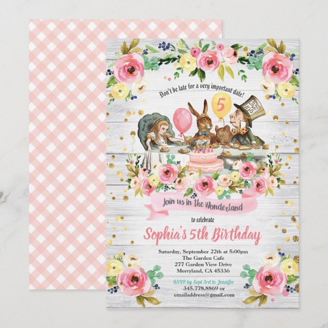 Alice in Wonderland birthday invitaion floral Invitation (Front/Back)
