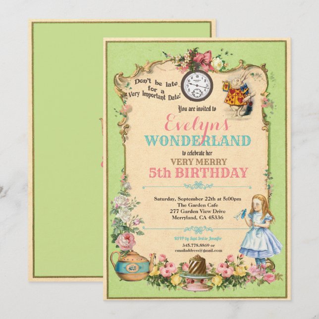 Alice in Wonderland birthday invitaion green Invitation (Front/Back)