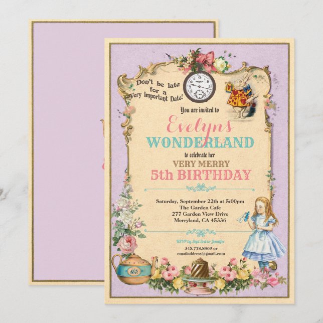 Alice in Wonderland birthday invitaion purple Invitation (Front/Back)