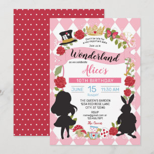 Alice In Wonderland Birthday Invitation (Pink/Red)