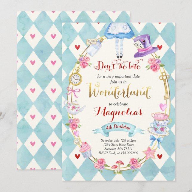 Alice In Wonderland Birthday Invitation Tea Party (Front/Back)