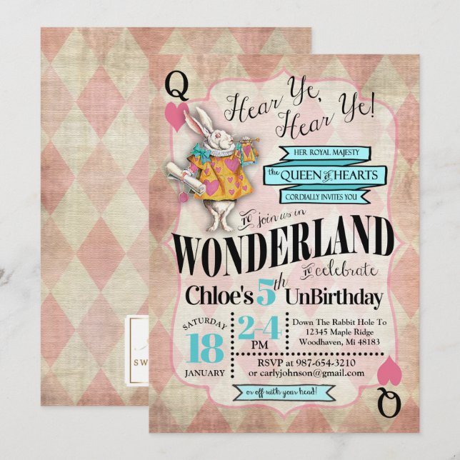 Alice in Wonderland Birthday Invitations (Front/Back)