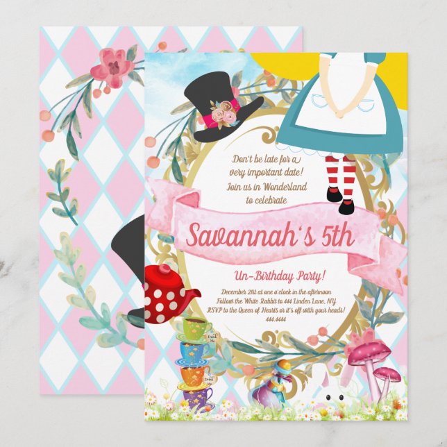 Alice in Wonderland Birthday Party Invitation (Front/Back)