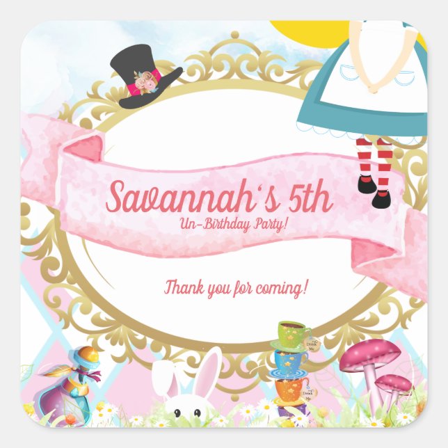 Alice in Wonderland Birthday Party Square Sticker (Front)