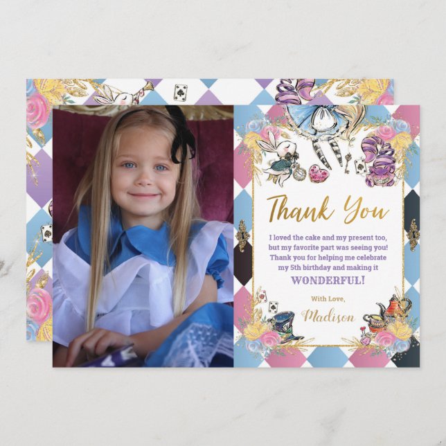 Alice in Wonderland Birthday Photo Picture Thank You Card (Front/Back)