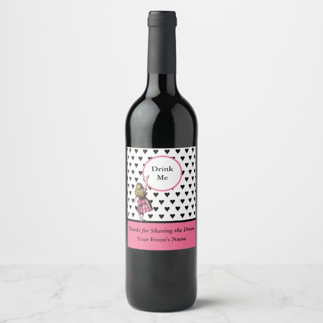 Alice in Wonderland Black Heart Pattern Drink Me Wine Label (Front)