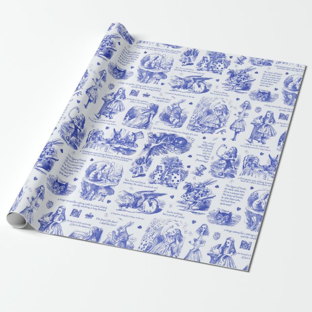 Alice in Wonderland Blue Toile Quotes Wrapping Paper (Unrolled)