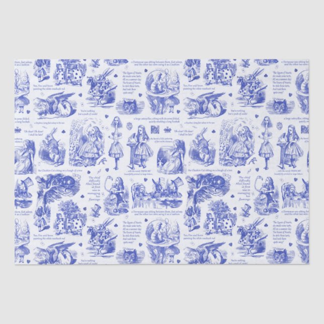 Alice in Wonderland Blue White Toile Quotes Tissue Paper (Front)