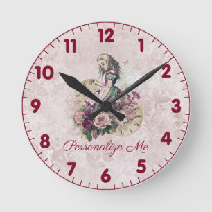 Alice in Wonderland Blush Floral Personalized Round Clock
