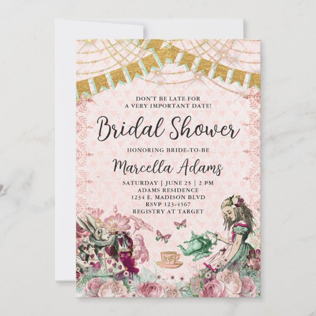 Alice in Wonderland Blush & Mint Bridal Shower Invitation (Front)