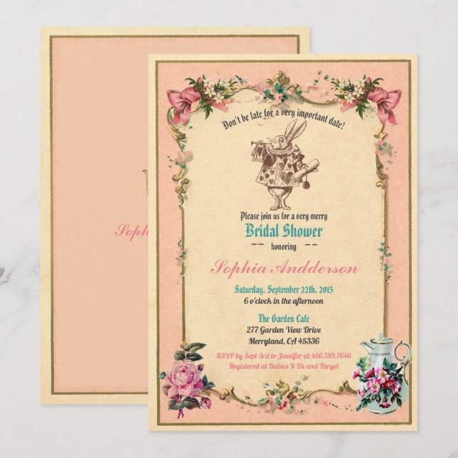 Alice in Wonderland bridal shower invitation pink (Front/Back)