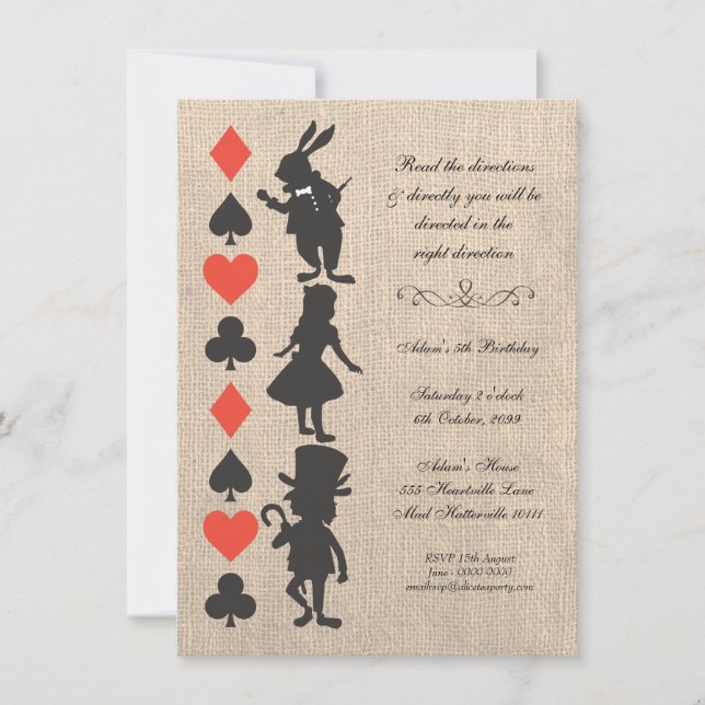 Alice in Wonderland Burlap Tea Party Birthday Invitation (Front)