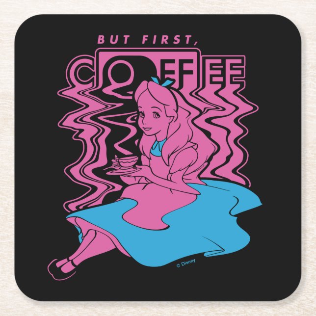 Alice In Wonderland | But First Coffee Square Paper Coaster (Front)