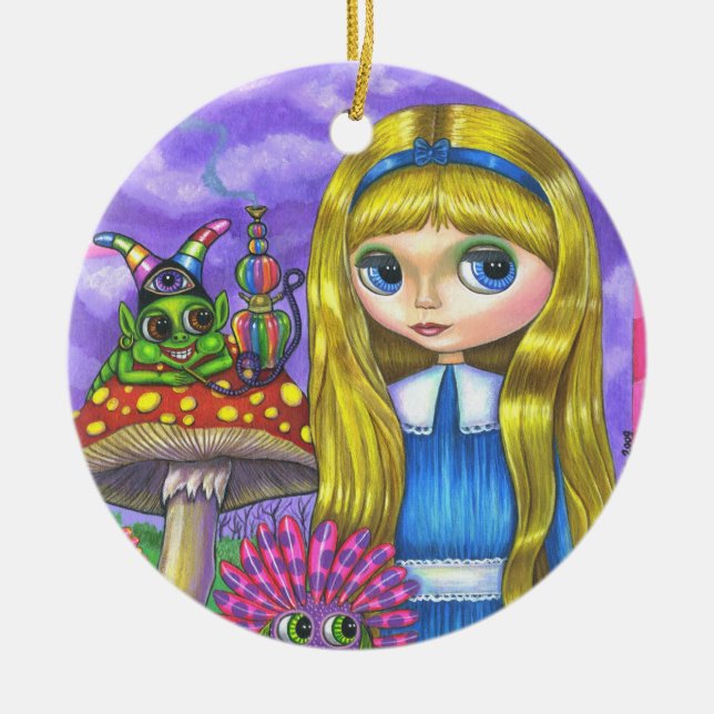 Alice in Wonderland Caterpillar Flowers Mushrooms Ceramic Ornament (Front)