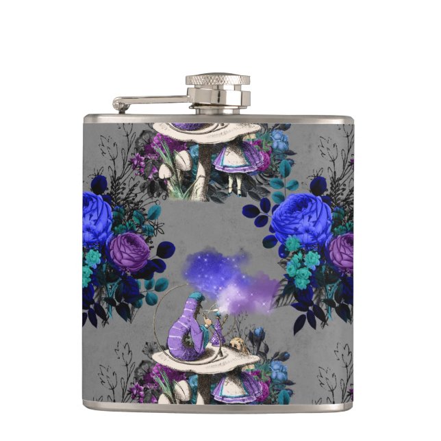 Alice in Wonderland Caterpillar Smoking Flowers Hip Flask (Front)