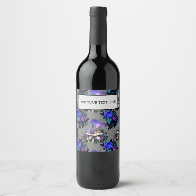 Alice in Wonderland Caterpillar Smoking Flowers Wine Label (Front)
