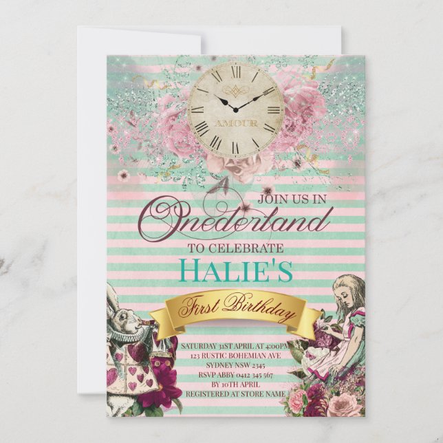 Alice in Wonderland Chalkboard First Birthday Invitation (Front)