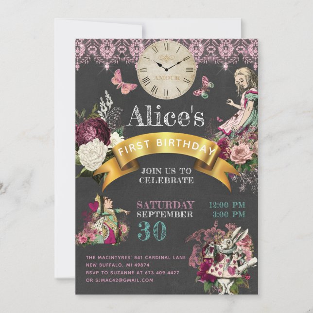 Alice in Wonderland Chalkboard Modern Birthday Invitation (Front)