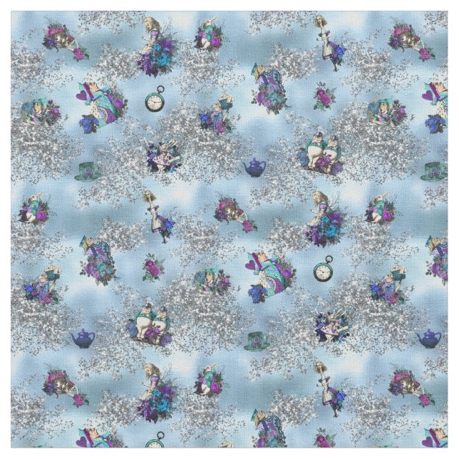 Alice in Wonderland Characters on Blue and Silver Fabric (Close Up)