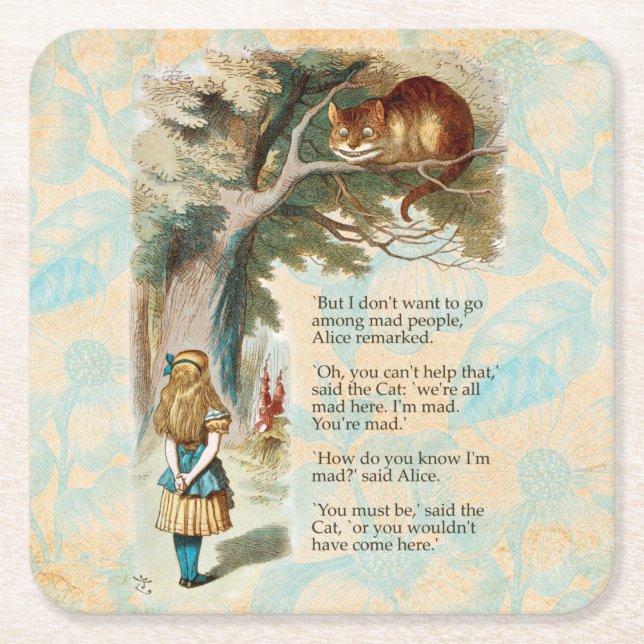 Alice in Wonderland Cheshire Cat Mad  Square Paper Coaster (Front)