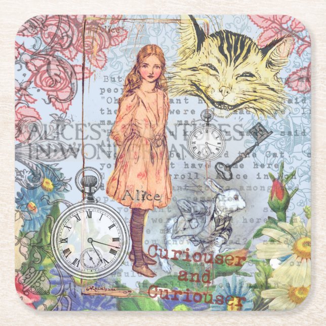 Alice in Wonderland Classic Cheshire Rabbit Alice Square Paper Coaster (Front)
