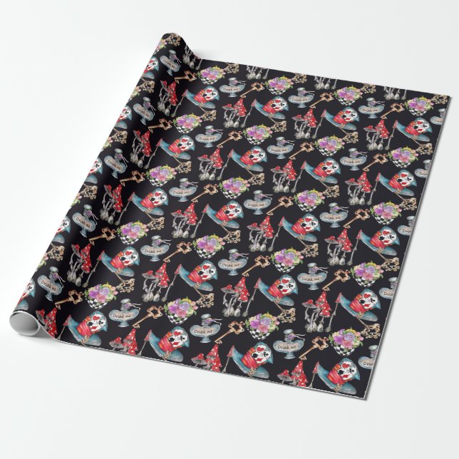Alice in Wonderland Collage Christmas Gift Wrapping Paper (Unrolled)
