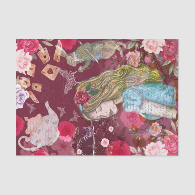 Alice In Wonderland Collage Decoupage Floral Roses Tissue Paper (Front)