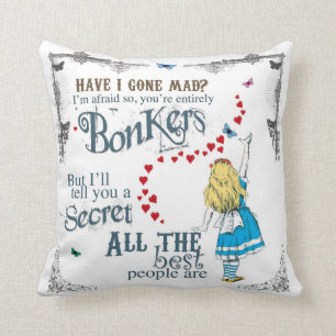 Alice in Wonderland Cushion with mad hatter quote