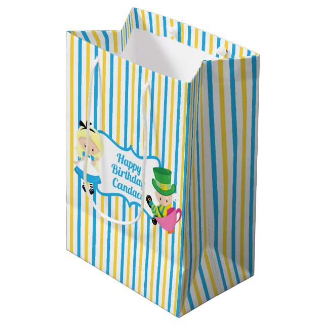 Alice in Wonderland Cute Personalized Kid Birthday Medium Gift Bag (Front Angled)