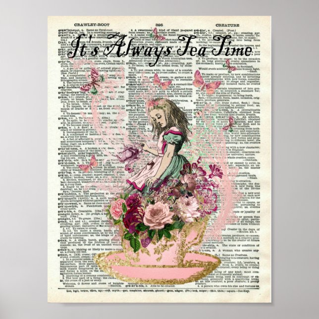 Alice in Wonderland Dictionary Page, "Tea Time" Poster (Front)