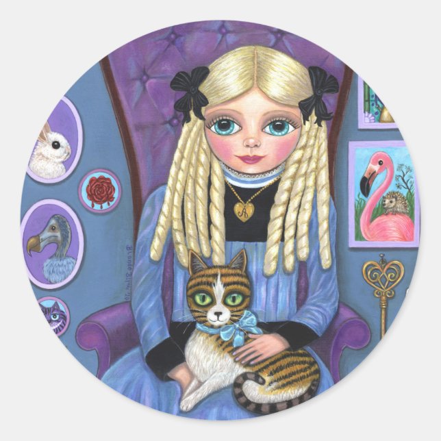 Alice in Wonderland & Dinah Cat Cute Fairy Tale Classic Round Sticker (Front)