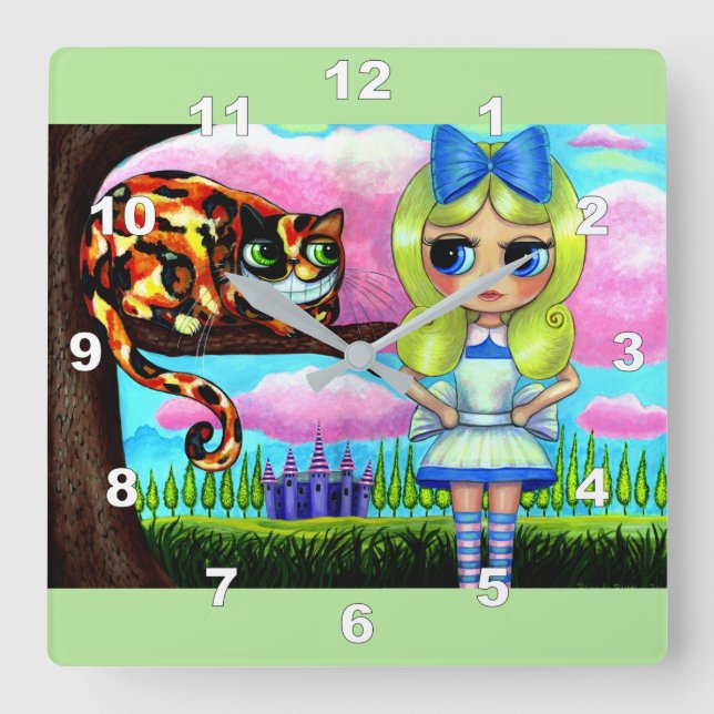 Alice in Wonderland Doll Cheshire Cat Cute Nursery Square Wall Clock (Front)